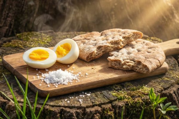 A wooden cutting board with baked goods and eggs on it, placed in front of a natural setting.