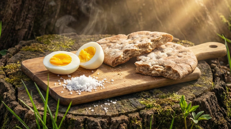 A wooden cutting board with baked goods and eggs on it, placed in front of a natural setting.