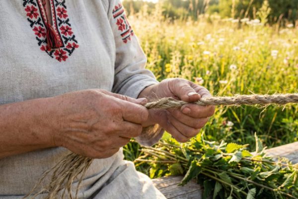 An elderly woman holding dry twigs, tending to herbs in her garden.