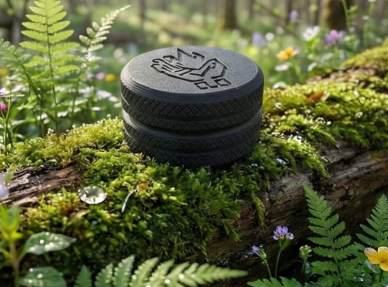 A stack of three black frisbees with the word "FireOfRoots" emblazoned on them, set against a green mossy forest background with plants in the foreground.