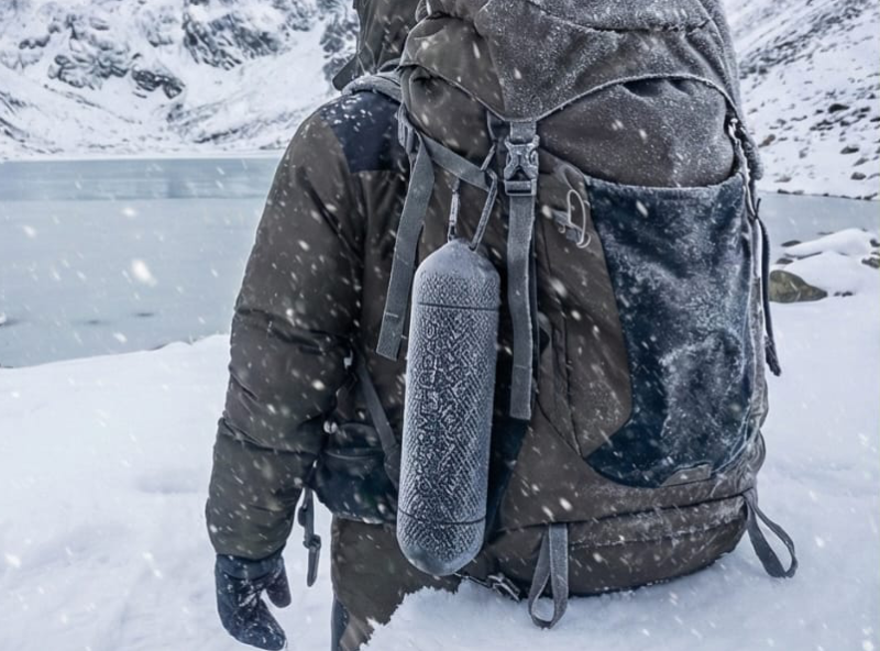 Man with large black backpack in snowy mountain landscape.