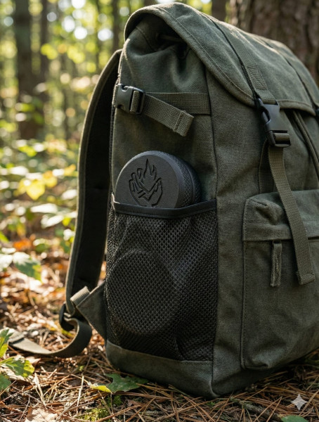 Camouflage backpack on ground with flashlight.