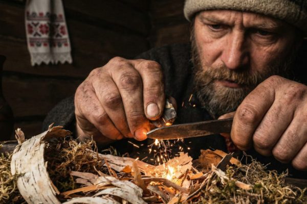 An old man is crafting something with fire and tools in front of him on a wooden table.
