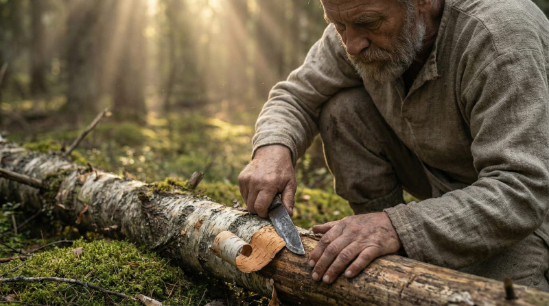 Old man working on wooden log in forest setting.