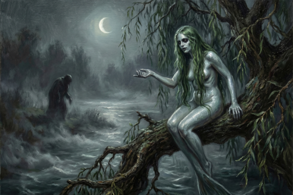 A modern Slavic heathen sits in contemplation near the edge of a body of water at night.