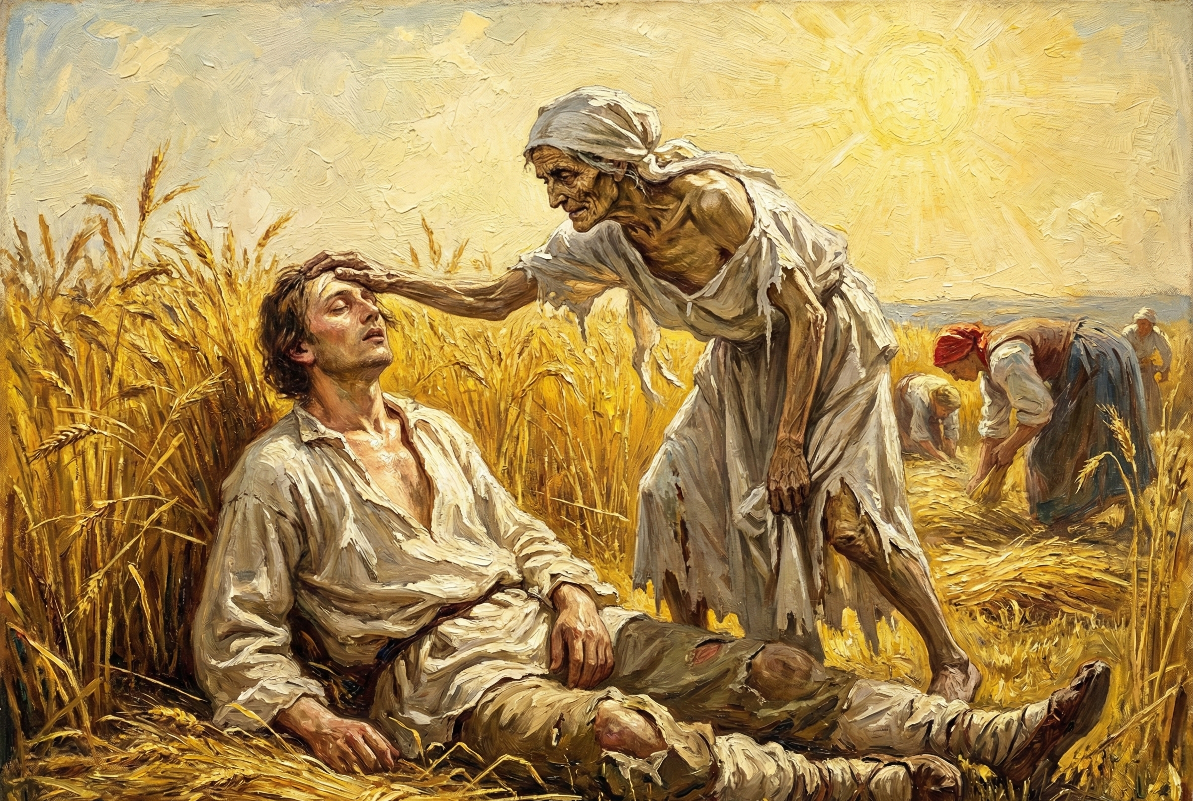 A person with a large axe is lying on the ground in front of another person who stands over them, holding a hatchet to their head. They are both surrounded by a field of grain and the sky above them is cloudy.