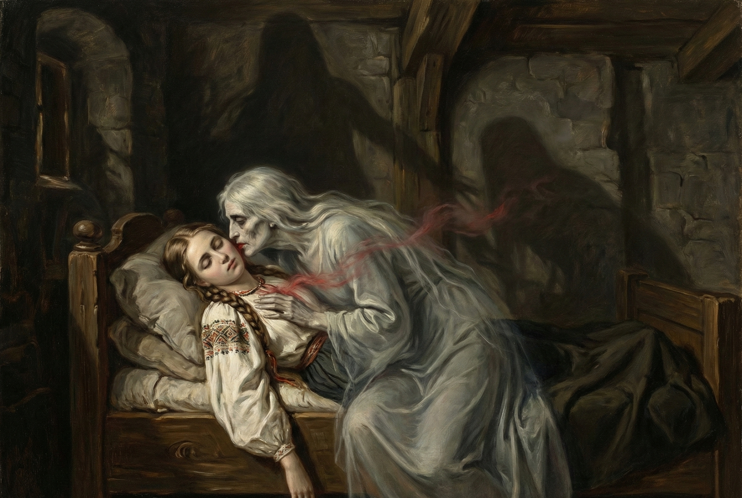 A painting of a ghostly figure haunting a sleeping person on a bed.