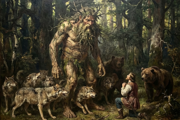 Man with beard and staff in forest; dogs surround him.