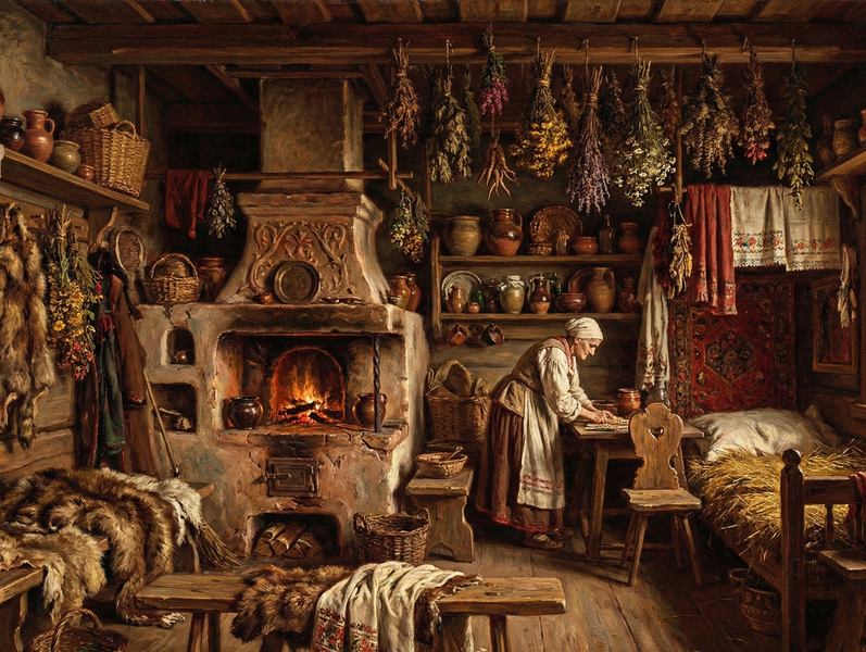 In this image, a person is at an old, rustic wooden table in a spacious room with various herbs hanging from the ceiling and a fireplace. The atmosphere appears cozy and warm, filled with forest gifts and traditional tools.