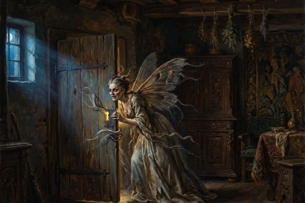 A witch in the woods looking through an open door.