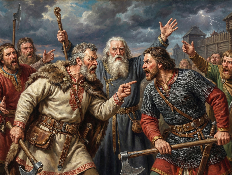 Ancient warriors in traditional armor. One man points to another who is being questioned by an older man with beard.