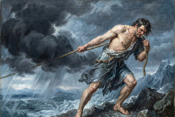 Ancient warrior with rope tied to spear, standing on rocky shore in stormy weather, facing rough ocean.