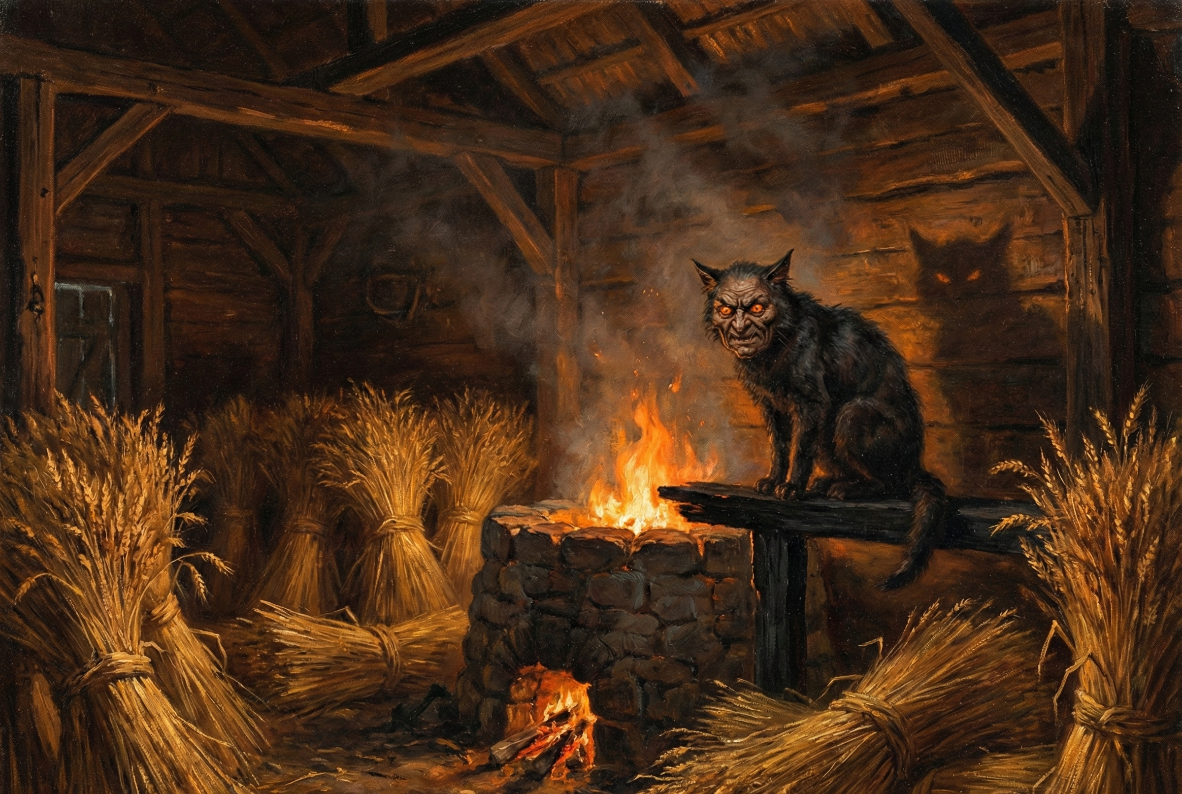 A black cat sits by an outdoor fire in a barn with hay bales around it.