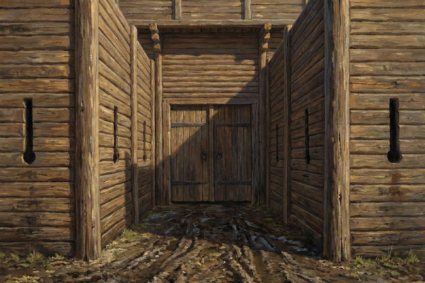 An old wooden log cabin with a brown door and windows.
