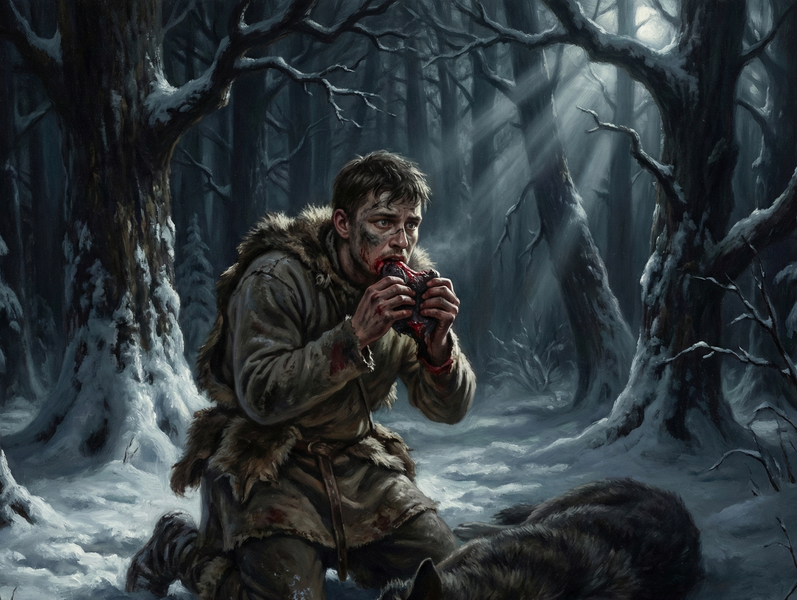 Man with a bloody red heart held in his hands. He is kneeling down in front of a wolf. There are snowy trees in the background.