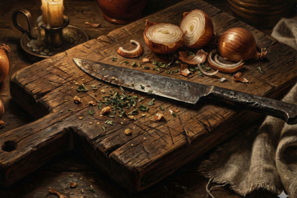 A large chef's knife with a wooden handle sits on a cutting board next to fresh garlic cloves and chopped herbs. The table is made of weathered wood and there are spices scattered around the scene.