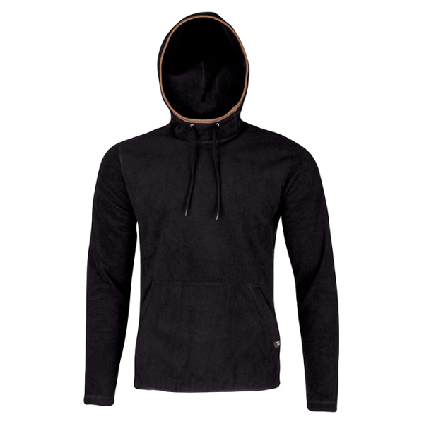 The hoodie is black and has a drawstring at the neckline. It appears to be made of heavy fabric with a kangaroo pocket on the front.