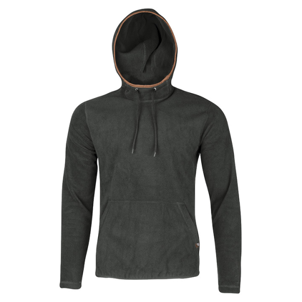 Black zip-up hoodie on display against white backdrop.