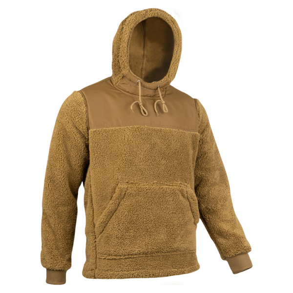 A person wearing a brown hooded jacket with the hood up.