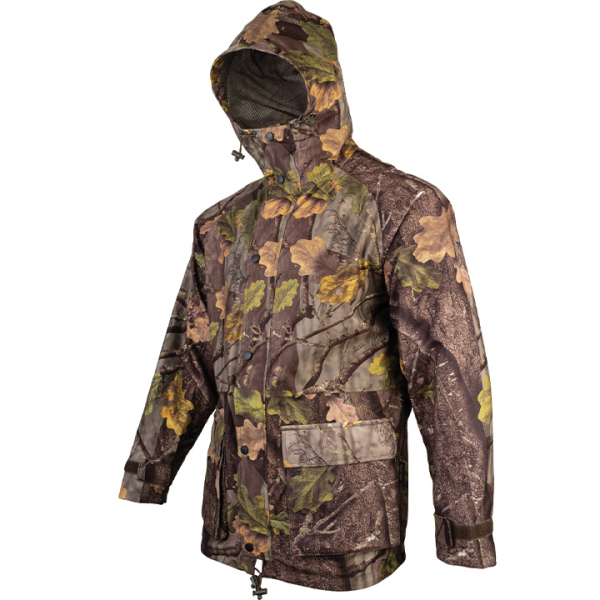 A camo jacket with a hood.