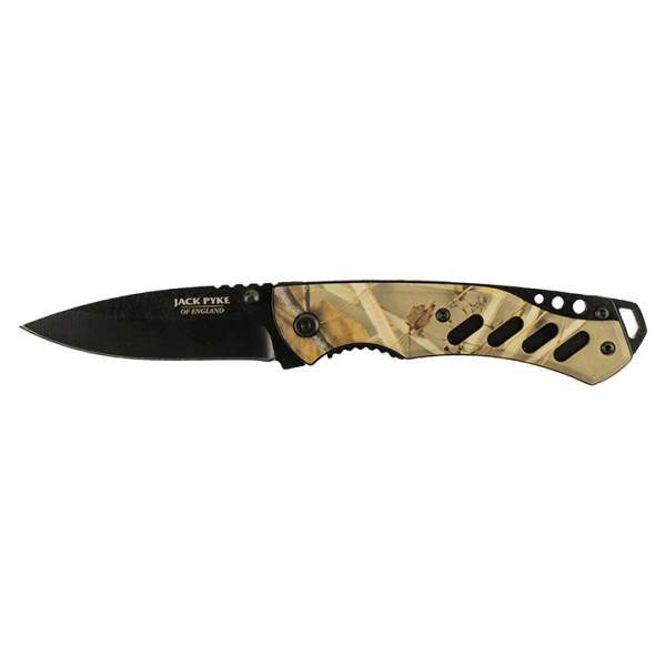 Knife with camouflage design next to sheath.