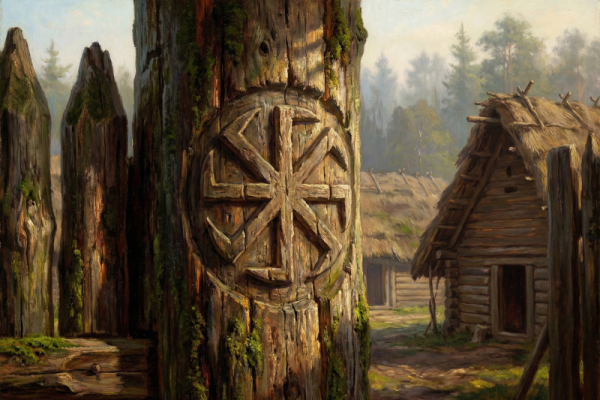 A quaint village, with the traditional Slavic symbol of Rodnovery, the circle, prominently displayed on two wooden posts in the forest clearing.