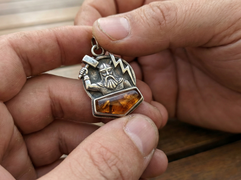 Hand holding up charm with animal and earth imagery.