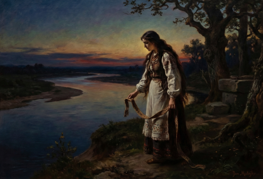 A woman in traditional clothing stands by the riverbank at dusk, with her gaze directed towards the water. She holds a hunting bow.