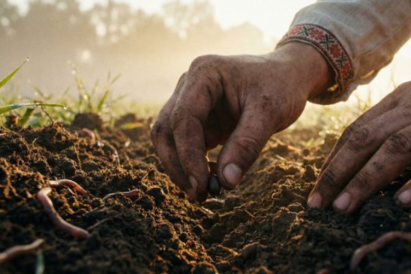 A man tending to plants in the ground.