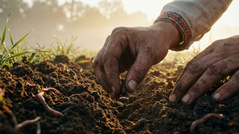 A man tending to plants in the ground.