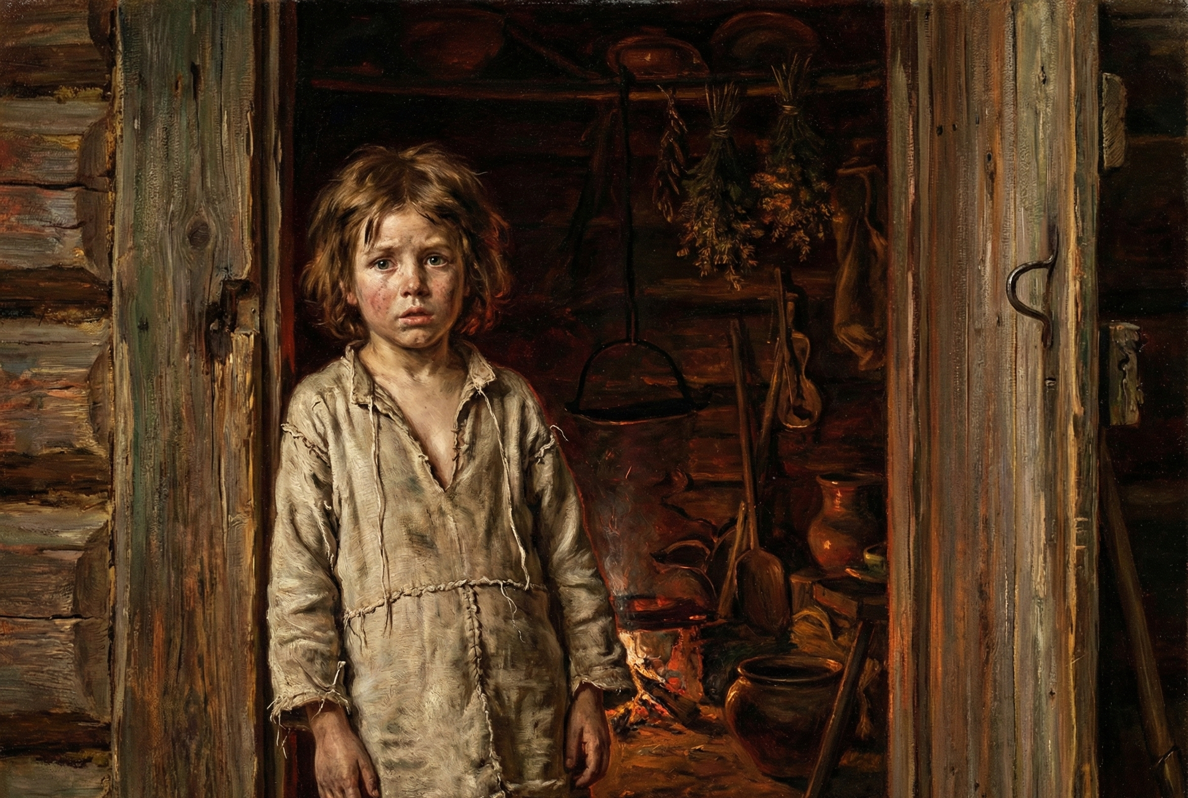 A young child standing in an old wooden cabin in the woods.