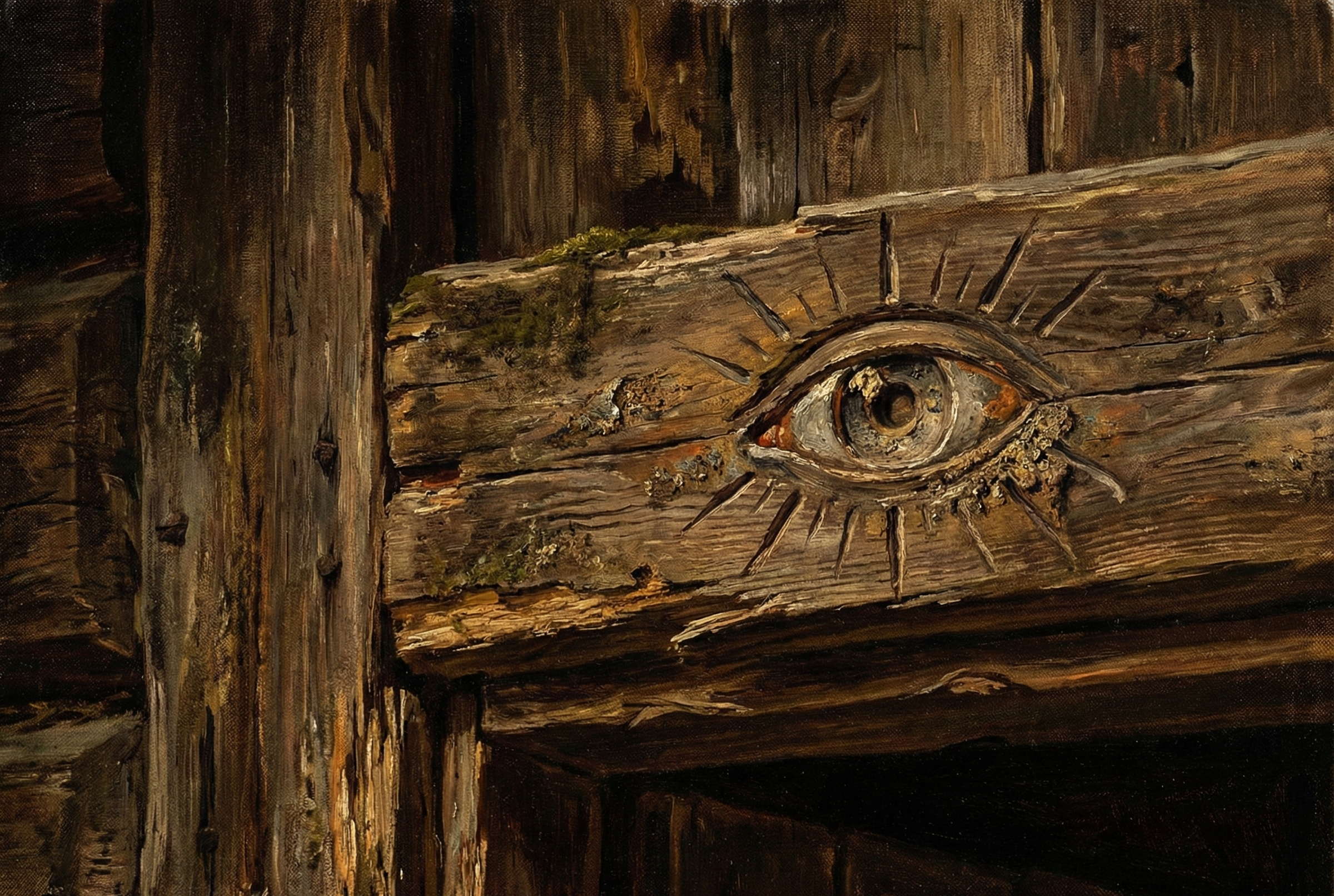 An old wooden sign post with an eye carved into it.