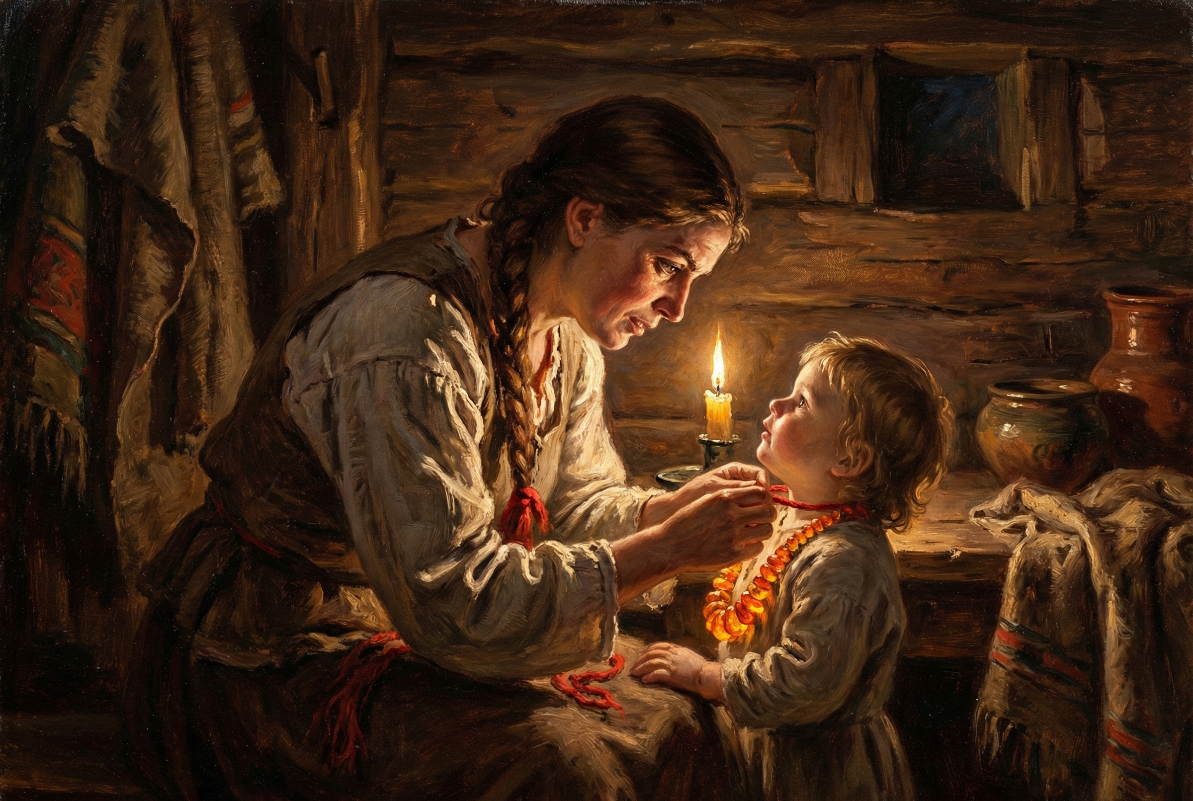 A painting of a woman and child in a rustic cabin, with the child holding something red, possibly a candle or a flower.