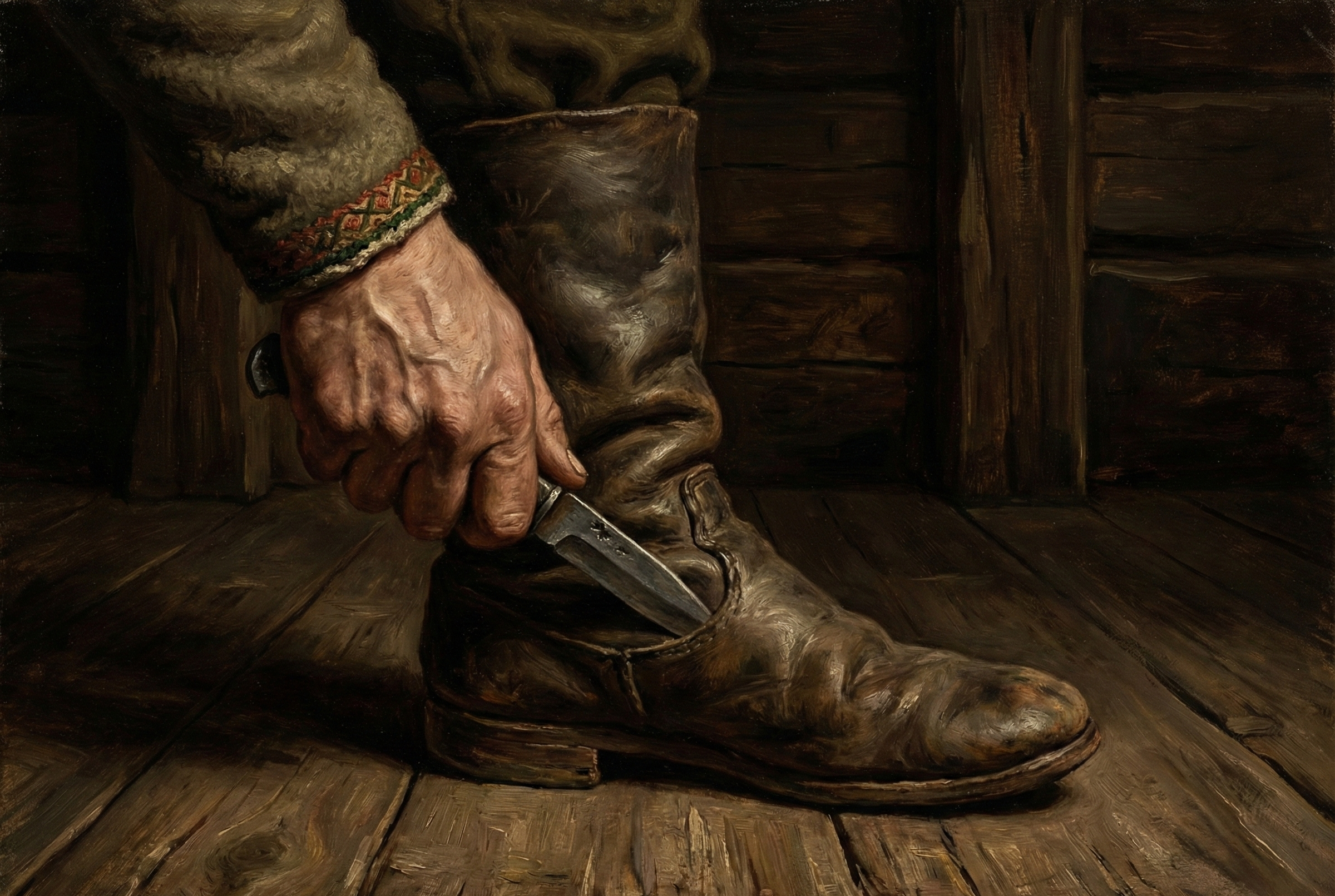 A person holding a knife by their boot in a wooden building.