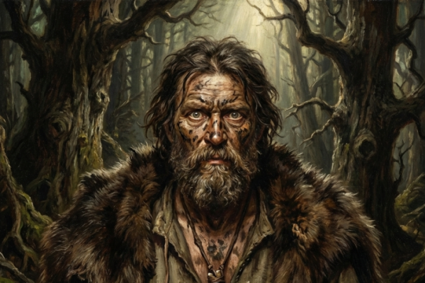 A bearded man in a forest with trees and foliage.