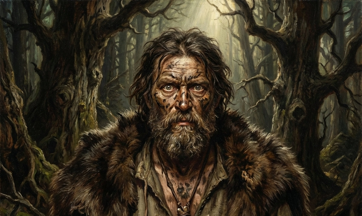 A bearded man in a forest with trees and foliage.