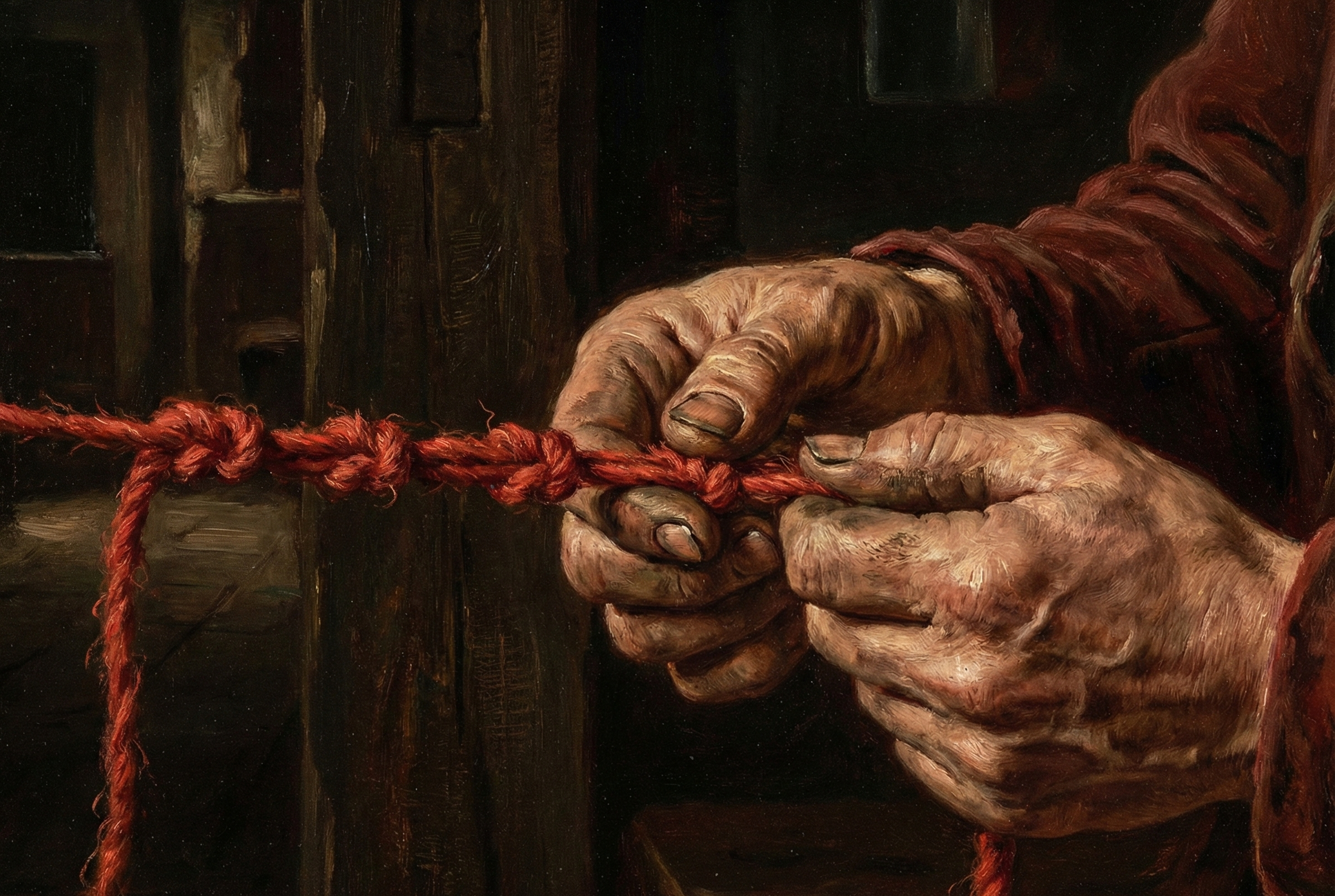 A person untangling a red rope.