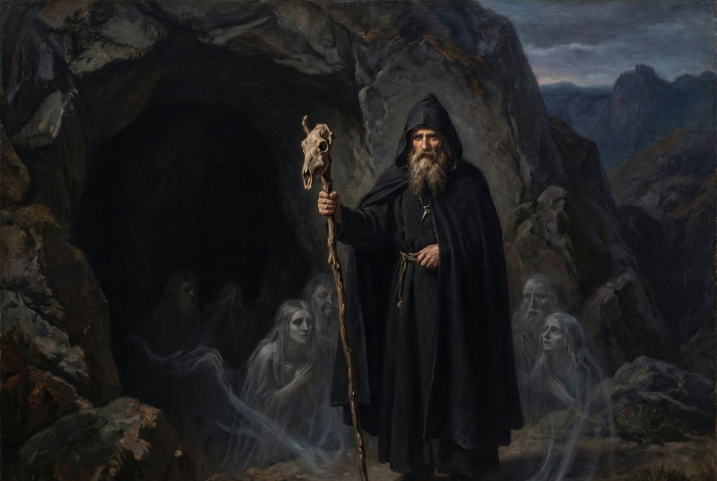 Wise old man in robes standing by cave.