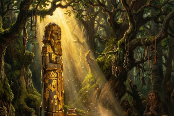A statue of an old deity standing in a lush green forest next to a tree with ancient carvings on its trunk.