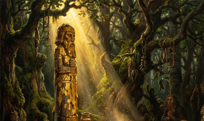 A statue of an old deity standing in a lush green forest next to a tree with ancient carvings on its trunk.