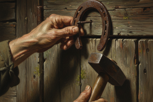 A hand holding a mallet and a metal piece into a wooden board.