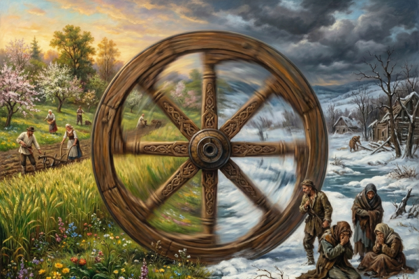 Large wooden wheel with eight spokes.