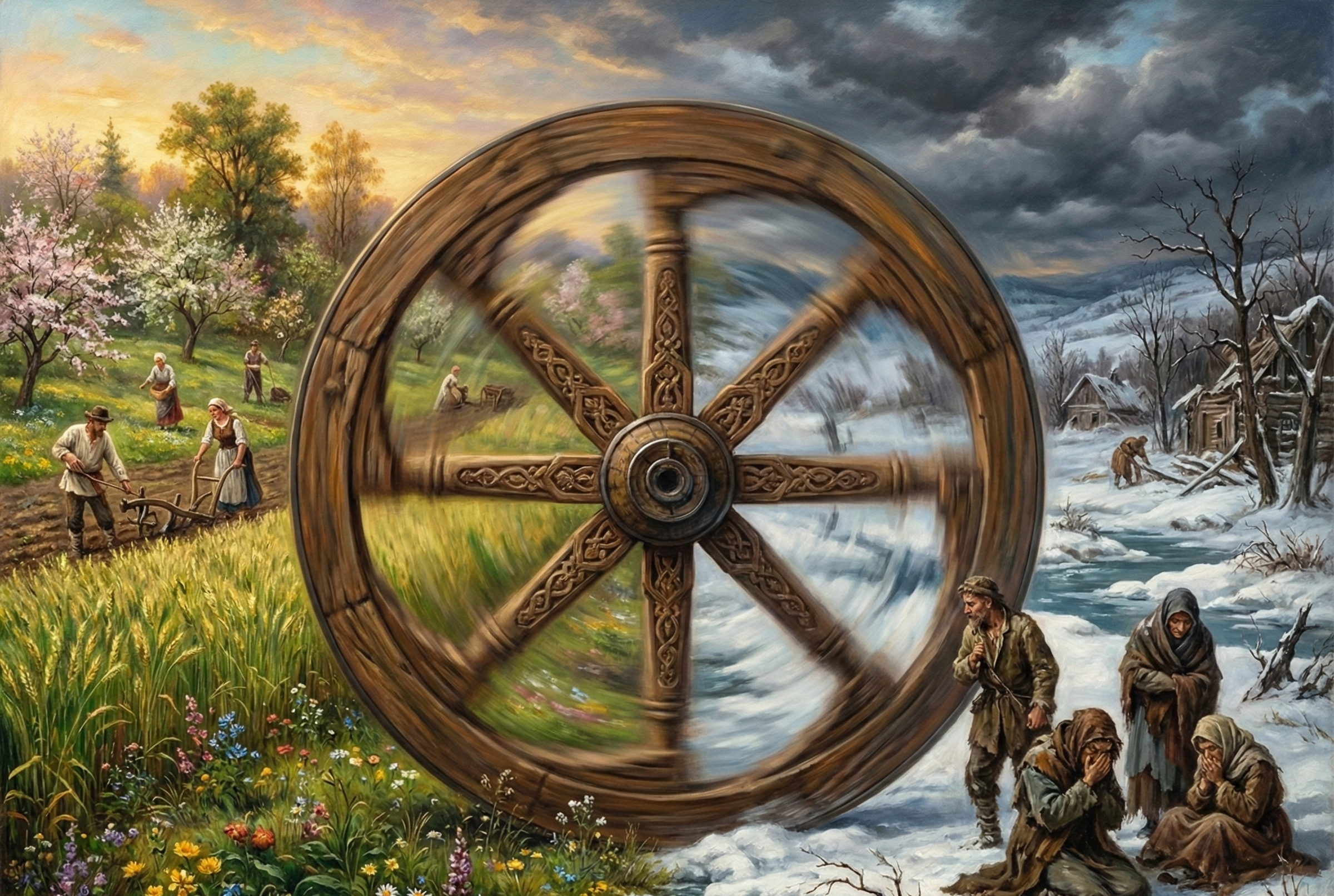Large wooden wheel with eight spokes.