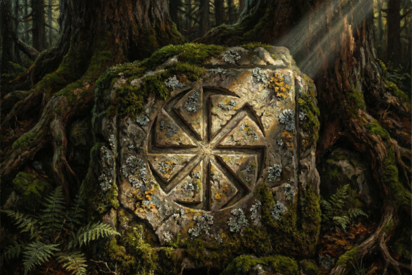 Large stone with carvings in the center of a forest with moss and tree roots.