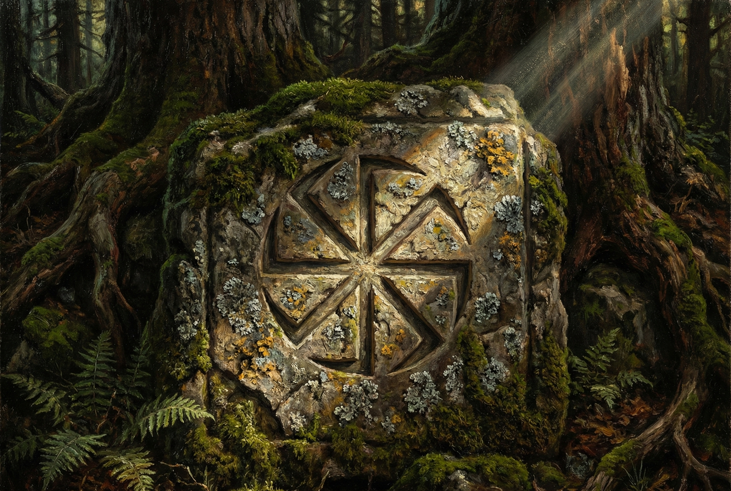 Large stone with carvings in the center of a forest with moss and tree roots.