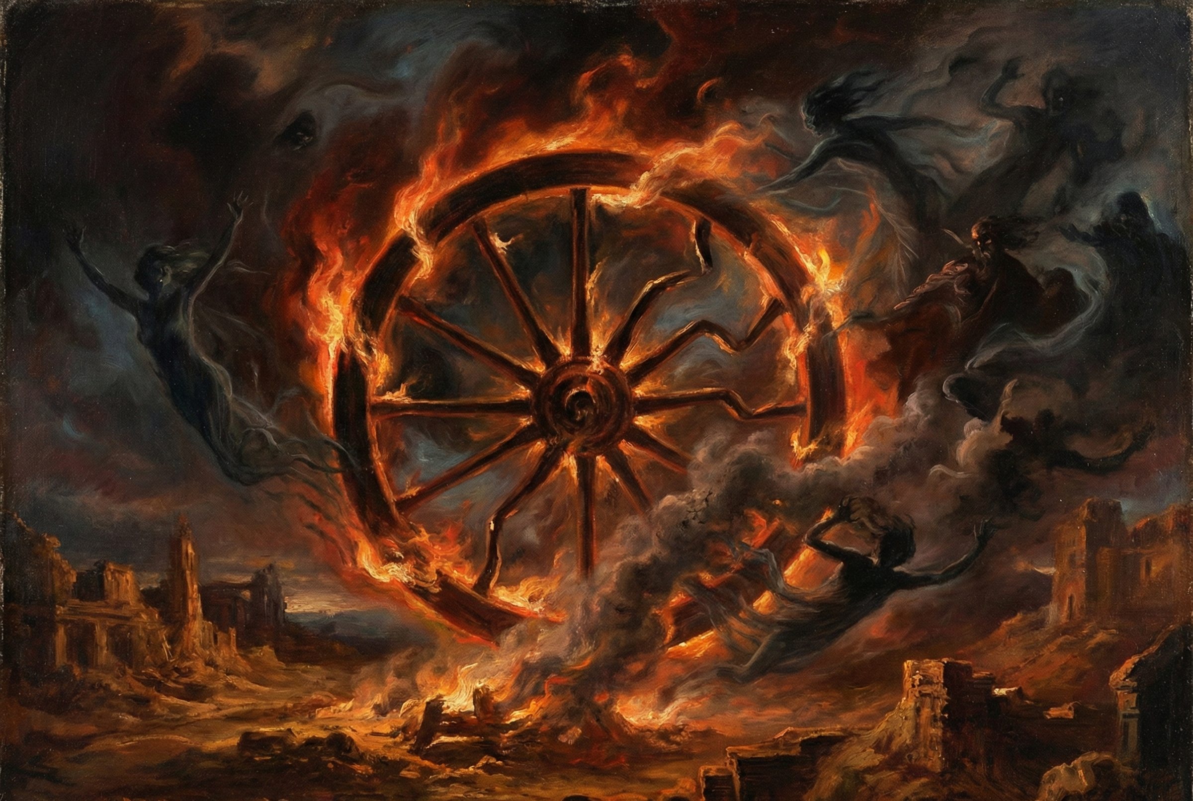 A painting depicts a wheel of fire in an apocalyptic landscape, with a person observing it.