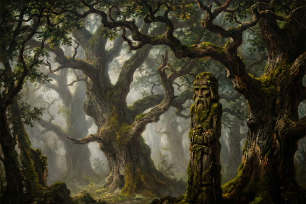 A large old tree in the forest.