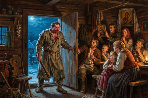 In a cozy wooden cabin, a man dressed in traditional Slavic attire stands by the open door, greeting a group of villagers who gather around him.