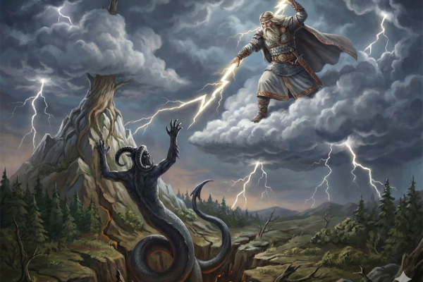 A digital artwork depicts two figures in a fantasy setting, with one character performing an action against another character who is wielding lightning.