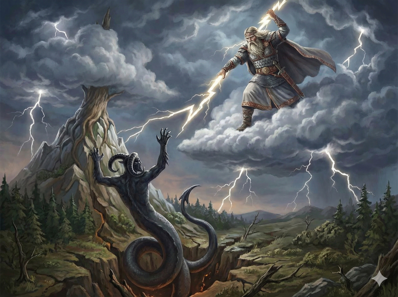 A digital artwork depicts two figures in a fantasy setting, with one character performing an action against another character who is wielding lightning.